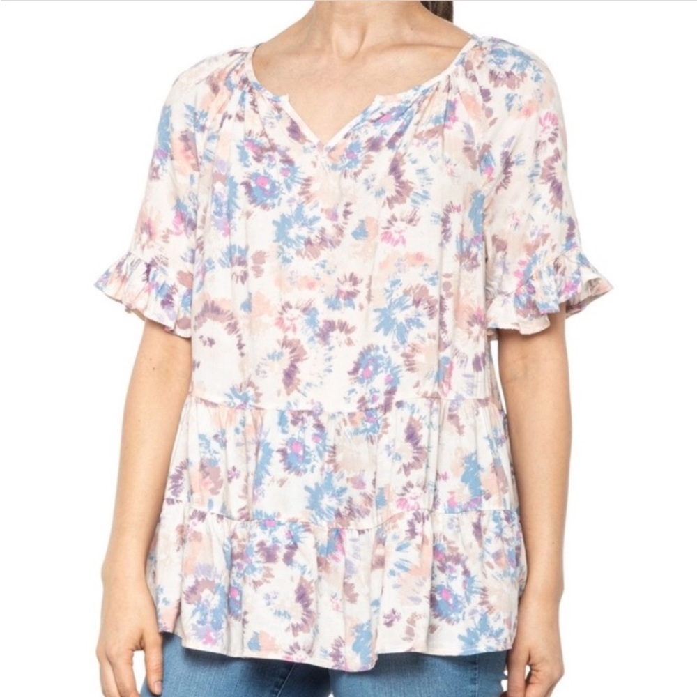 Beach Lunch Lounge Akia tie dye boho peasant babydoll dress peplum hem Small